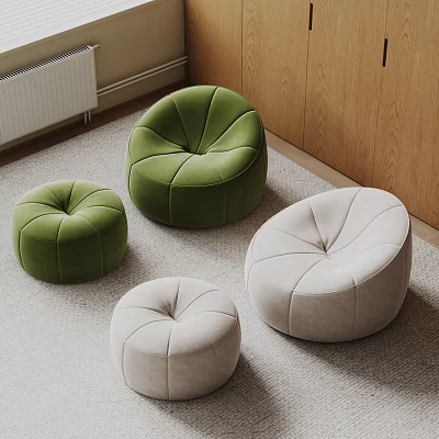 Cozy Round Green And Beige Bean Bag Chairs In Indoor Living Room With Wooden Wall 3d model