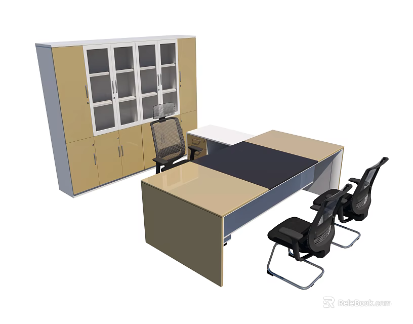 Modern Office Desk With Spacious Top Storage Cabinet And Ergonomic Chairs 3d model 