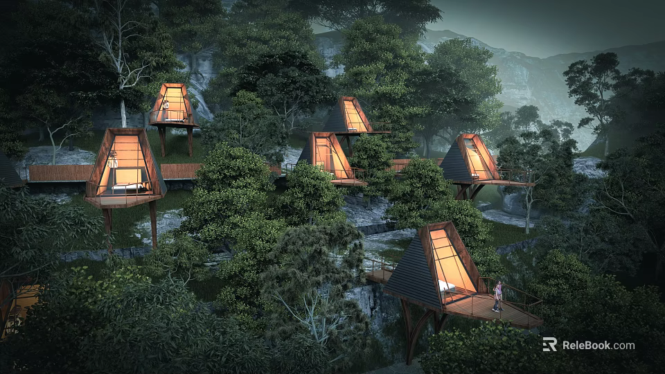 Detached Villas in Mountain Forest With Triangular Roofs On Elevated Platforms Surrounded By Lush Trees 3d model 