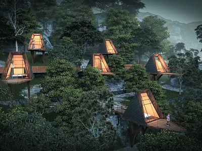 Detached Villas in Mountain Forest With Triangular Roofs On Elevated Platforms Surrounded By Lush Trees 3d model