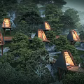Detached Villas in Mountain Forest With Triangular Roofs On Elevated Platforms Surrounded By Lush Trees