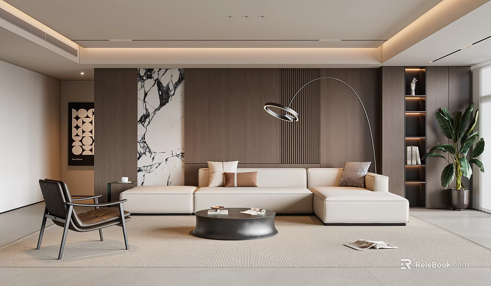 Modern Living Room With Beige Sofa Black Coffee Table Curved Floor Lamp Marble Accent Wall 3d model 