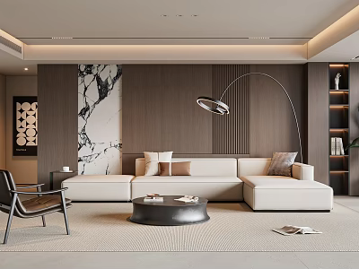 Modern Living Room With Beige Sofa Black Coffee Table Curved Floor Lamp Marble Accent Wall 3d model