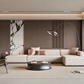 Modern Living Room With Beige Sofa Black Coffee Table Curved Floor Lamp Marble Accent Wall