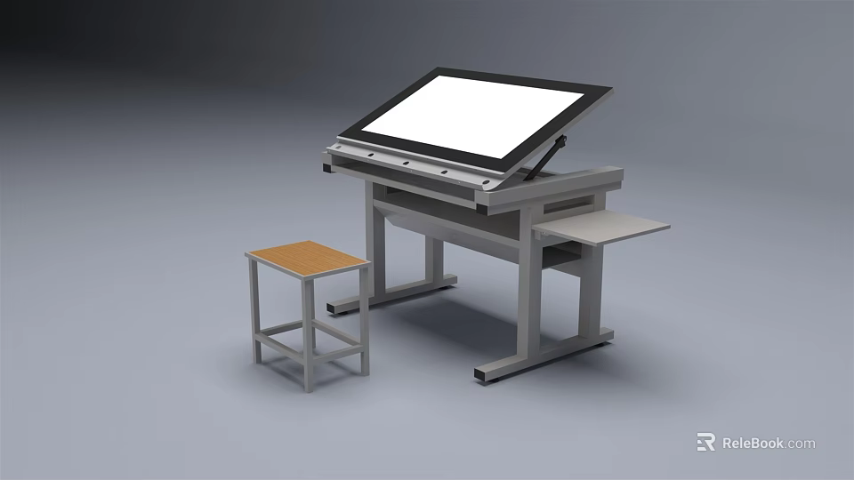 Adjustable Tiltable Surface Functional Desk with Metal Frame and Wooden Stool 3d model