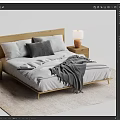 Modern Double Bed with Wooden Headboard Gray Pillows and Table Lamps on Nightstands