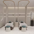 Elegant Beauty Hair Salon Interior With White Curtains Massage Beds Round Stools And Soft Lighting