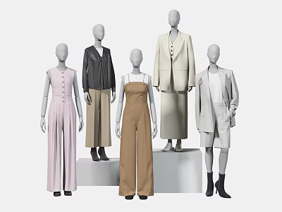 Fashion Mannequins Showcasing Diverse Style Outfits In Multiple Colors On White Platforms 3d model