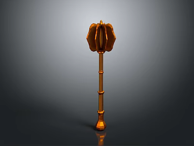 Golden Decorative Mace Weapon With Intricate Top Design And Long Bamboo Like Handle 3d model