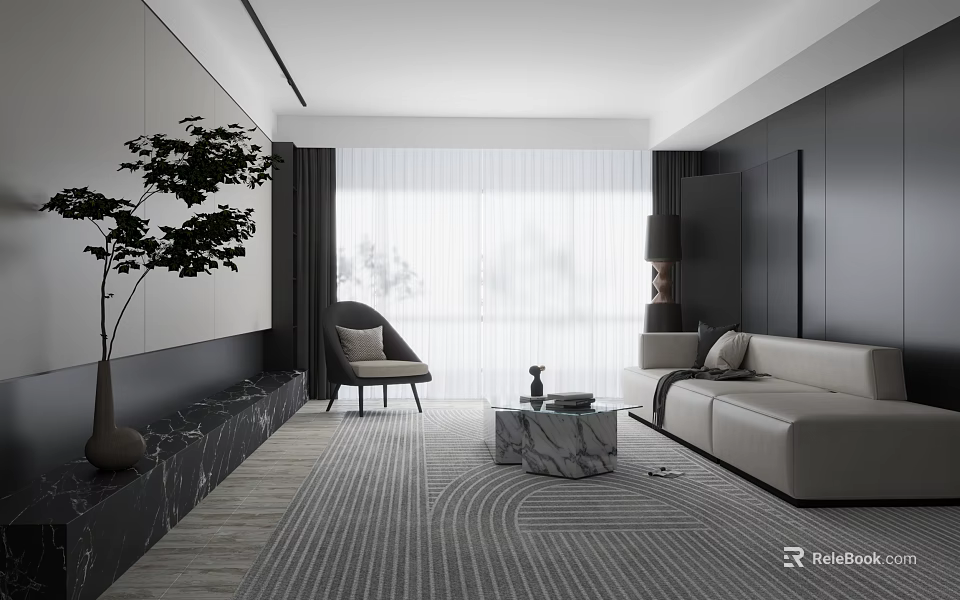 Modern Living Room Interior With Light Sofa Accent Chair Marble Coffee Table And Large Window 3d model 