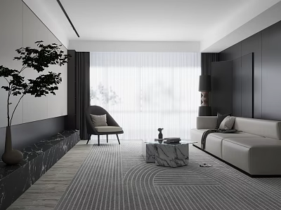 Modern Living Room Interior With Light Sofa Accent Chair Marble Coffee Table And Large Window 3d model