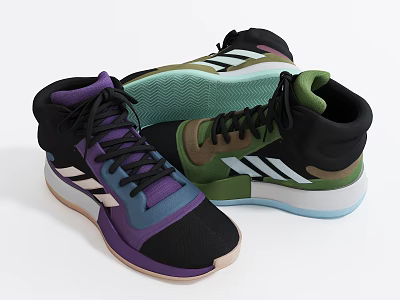 Multicolor High Top Sneakers With Black Purple Green Hues White Stripes And Light Blue Green Soles 3d model