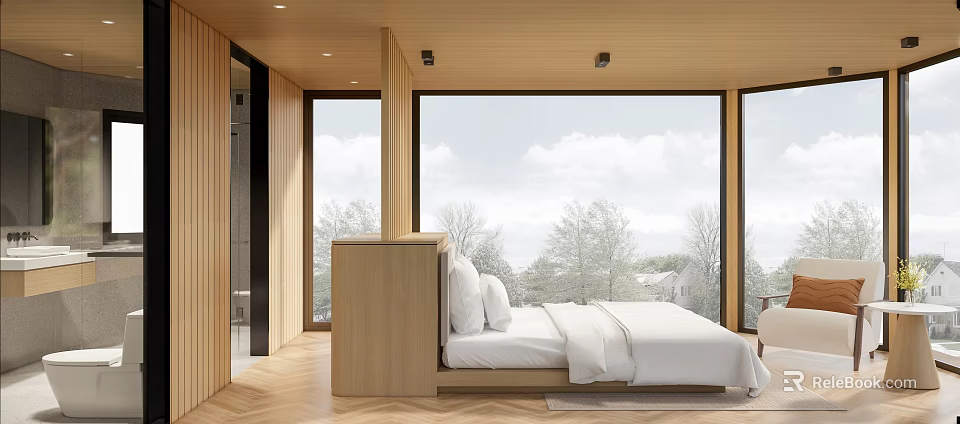 Modern Hotel Room Interior Featuring Comfortable Bed Large Windows And Wooden Elements 3d model 