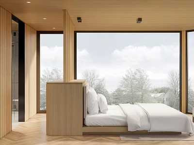 Modern Hotel Room Interior Featuring Comfortable Bed Large Windows And Wooden Elements 3d model