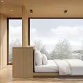 Modern Hotel Room Interior Featuring Comfortable Bed Large Windows And Wooden Elements