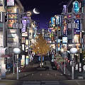 Vibrant Night Commercial Street With Street Lamps Neon Lights Outdoor Seating And Shop Signs