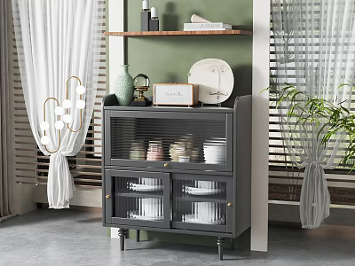 Black Sideboard With Glass Doors And Plates Bowls On Decorative Shelf In Modern Living Room 3d model