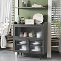 Black Sideboard With Glass Doors And Plates Bowls On Decorative Shelf In Modern Living Room