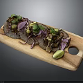 Three Fresh Tacos on Wooden Platter with Vegetables Cilantro Avocado Slices and Lime Wedge