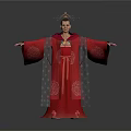 A Woman In Red Traditional Robe With Ornate Headdress And Arms Outstretched Against White Background