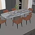 Modern Dining Table Set With Marble Top Six Beige Chairs And Wall Art