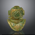 Vintage Diving Helmet With Brass Green Patina Round Glass Window And Top Grille