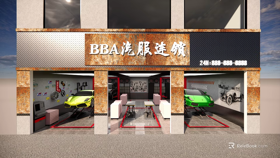 BBA Auto Service Chain Showroom with Green Sports Cars Modern Reception Area and Stylish Exterior 3d model 