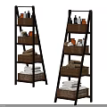 Brown Multi tiered Bathroom Shelving Units With Wicker Baskets Towels And Bath Products