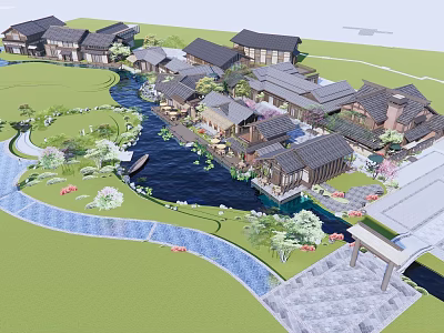 Picturesque Traditional Commercial Street With River Greenery Boat And Scenic Architecture 3d model
