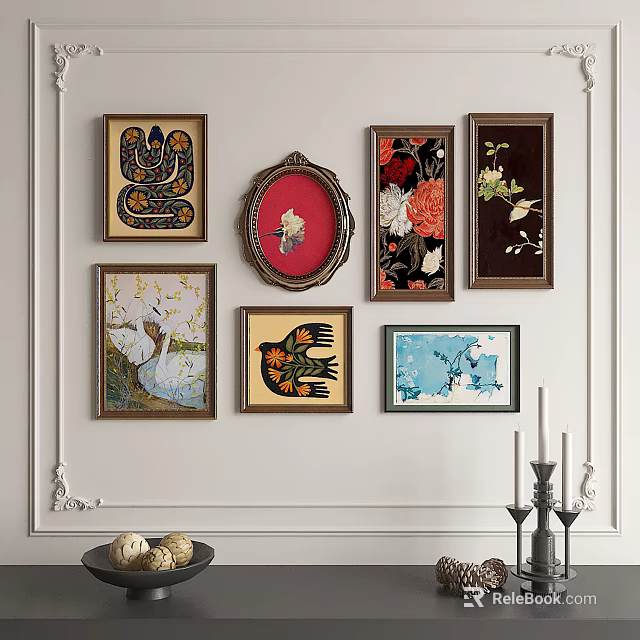 Abstract Paintings on Light Colored Wall with Different Frames and Decorative Art Elements 3d model