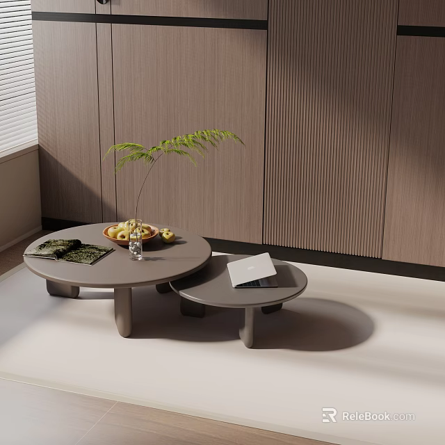 Modern Coffee Table Set With Two Round Tables Green Plant Fruit Bowl And Notebook 3d model 