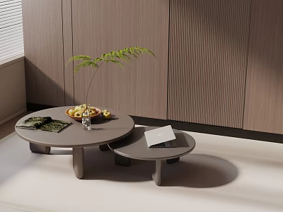 Modern Coffee Table Set With Two Round Tables Green Plant Fruit Bowl And Notebook 3d model
