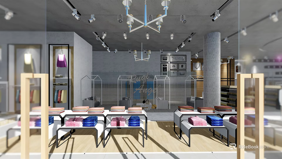 Modern Clothing Store Interior With Display Racks Colorful Clothes And Hanging Lights 3d model 