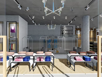 Modern Clothing Store Interior With Display Racks Colorful Clothes And Hanging Lights 3d model
