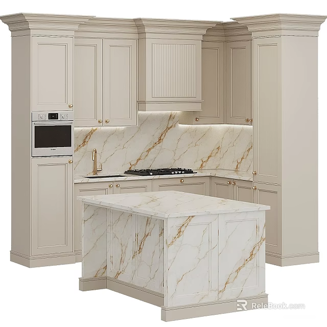 Elegant Modern Kitchen Cabinets With Marble Countertop And Island Design 3d model 