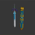 Fantasy Swords with Blue Blades Gold Accents and Decorative Hilts 3D Rendered Design