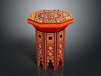 Decorative Red Octagonal Side Table With Intricate Inlaid Patterns And Carved Legs 3d model