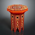Decorative Red Octagonal Side Table With Intricate Inlaid Patterns And Carved Legs 3d model