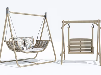 Wicker and Wooden Swing Chairs With Cushions Slatted Design and Stand 3d model