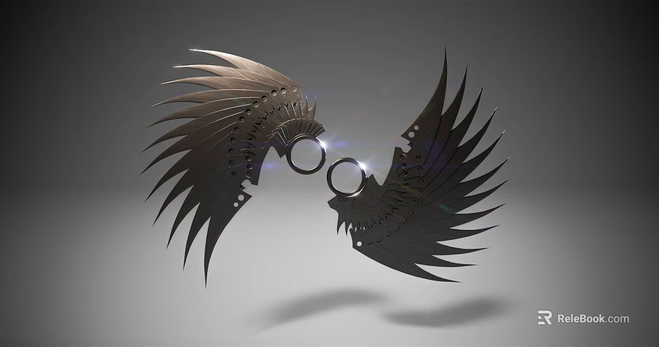 Wing Shaped Metallic Weapon With Ring Connectors And Symmetrical Sharp Edges 3d model 