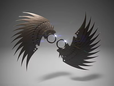 Wing Shaped Metallic Weapon With Ring Connectors And Symmetrical Sharp Edges 3d model