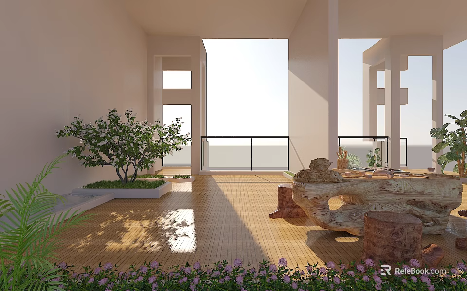 Roof Garden Design with Wooden Flooring Green Plants Flowers and Sunlight Through Railing 3d model 