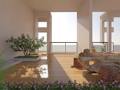 Roof Garden Design with Wooden Flooring Green Plants Flowers and Sunlight Through Railing 3d model