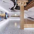 Modern Exhibition Hall Interior Design With Wooden Structures Display Counters And Artwork Showcases