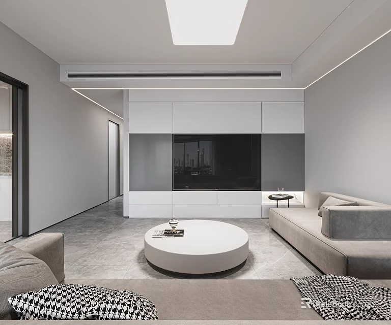Modern Open Living Dining Room Interior With Gray Sofa Round Coffee Table And TV Wall 3d model 