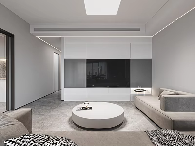 Modern Open Living Dining Room Interior With Gray Sofa Round Coffee Table And TV Wall 3d model