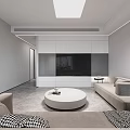 Modern Open Living Dining Room Interior With Gray Sofa Round Coffee Table And TV Wall