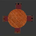 Wooden Round Dining Table With Four Chairs Checkered Seats And Wooden Backs