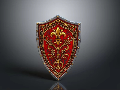 Medieval Shield with Red Surface Intricate Golden Patterns and Silver Metallic Edges 3d model
