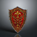 Medieval Shield with Red Surface Intricate Golden Patterns and Silver Metallic Edges